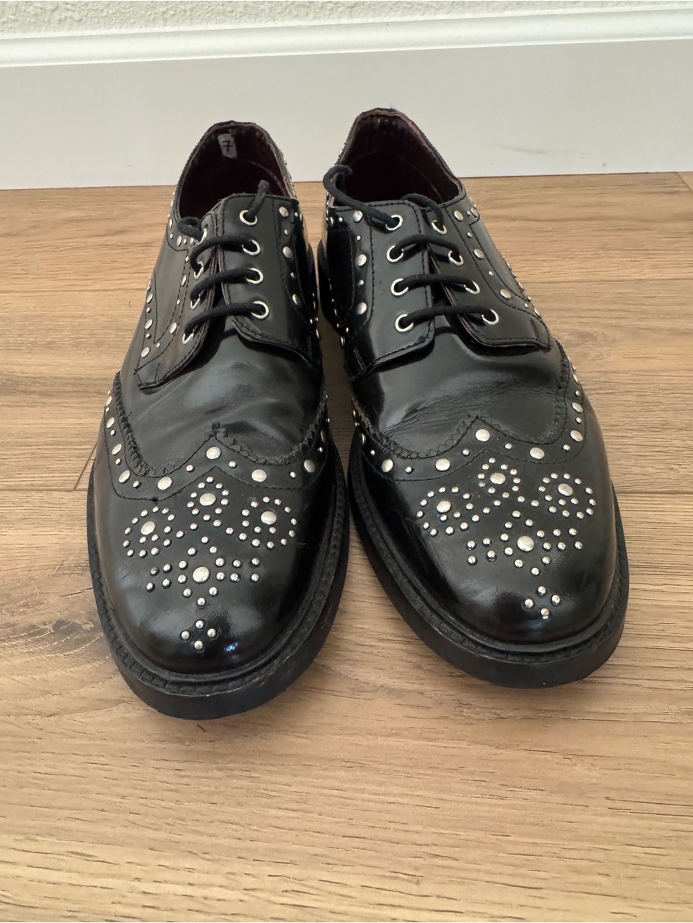 L&B Black Leather Studded Wingtip Oxfords